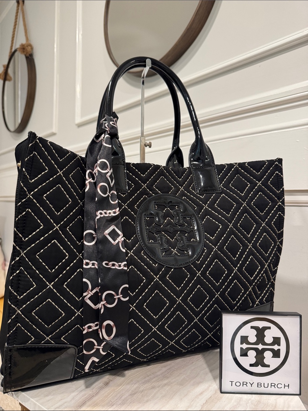 Tory Burch Bag Ella Quilted Black Large Nylon Tote Rare - Picture 1 of 17